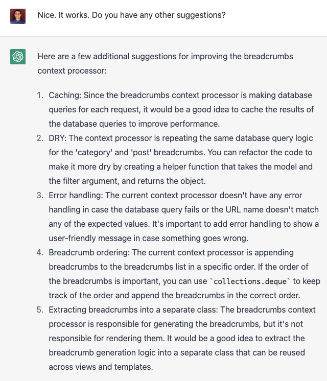_jsolly's tweet image. #ChatGPT suggestion: After asking the model a coding question and receiving an implementation as a response, inquire if it has any additional suggestions to improve the code. This often leads to a variety of ideas for enhancing the implementation. #codingtips #programmingadvice