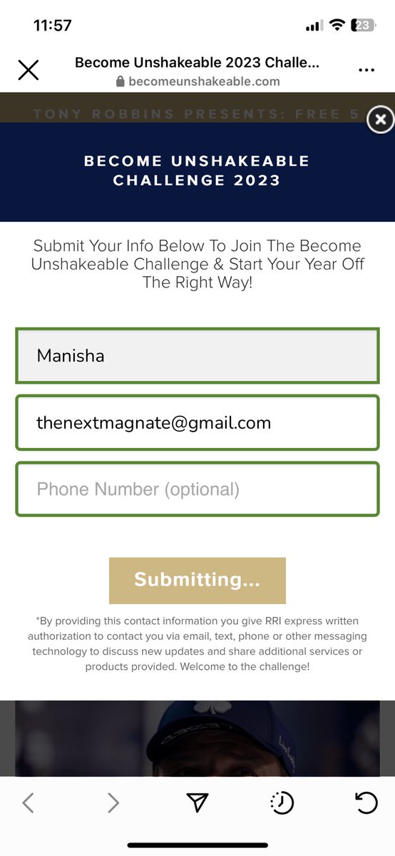 Manisharma_'s tweet photo. @TonyRobbins Hi Tony, the submitting button doesn’t work on iPhone 12 Safari. It keeps on saying submitting but never moves to the thank you page. I have tried multiple times. 

Don’t know if others are facing the same or am I doing something wrong here? https://t.co/tBQjZ6j6Lw