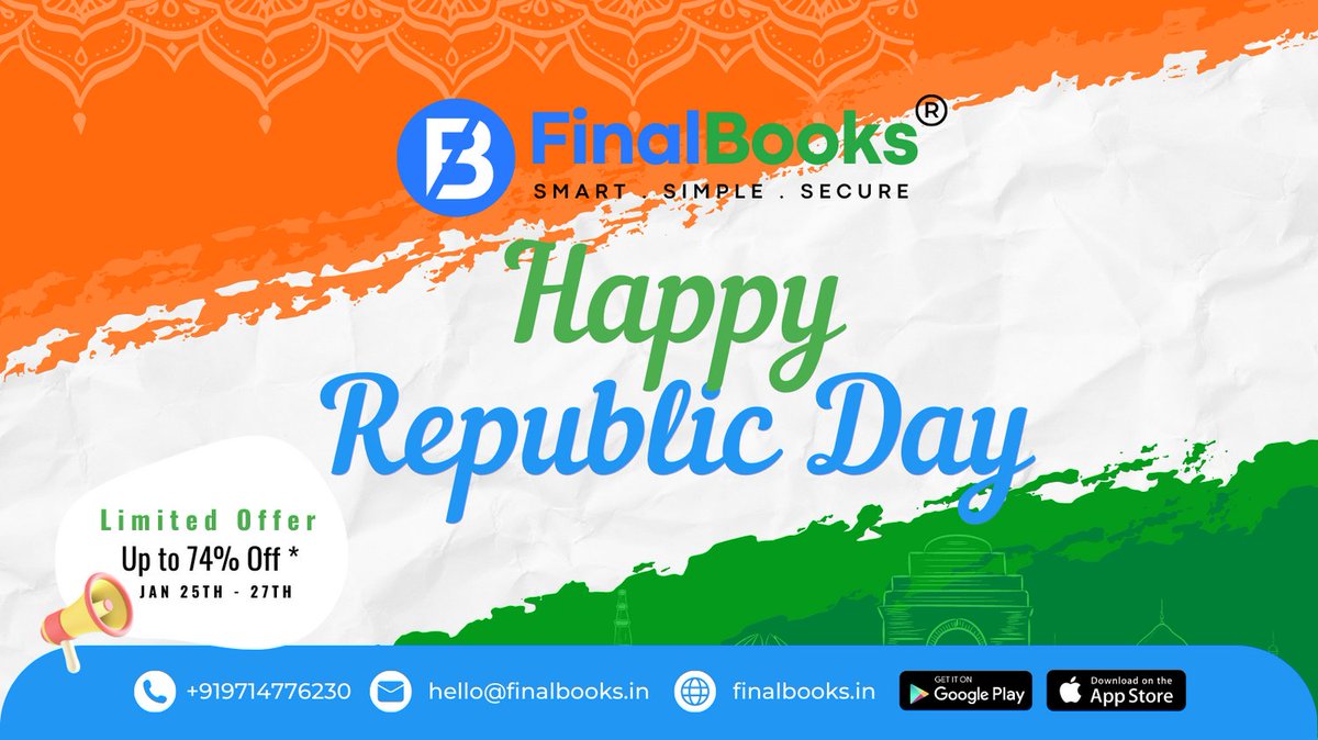 Save big with our 74% off offer on 74th Republic Day of India!
Manage your business on the go anywhere, anytime on any device with FinalBooks Online Accounting Software
#accountingsoftware #bookkeeping #financialsoftware #taxpreparation #freegstsoftware #businesskokaroaasaan