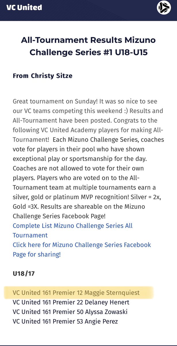MaggieKae12's tweet photo. I had a great time playing with my teammates this weekend at the Mizuno Challenger Series U18/17! So excited for the rest of the season! Also, happy to be announced on the tournament team! 
https://t.co/9haNGU6WiG https://t.co/VmrMkt7JzA
