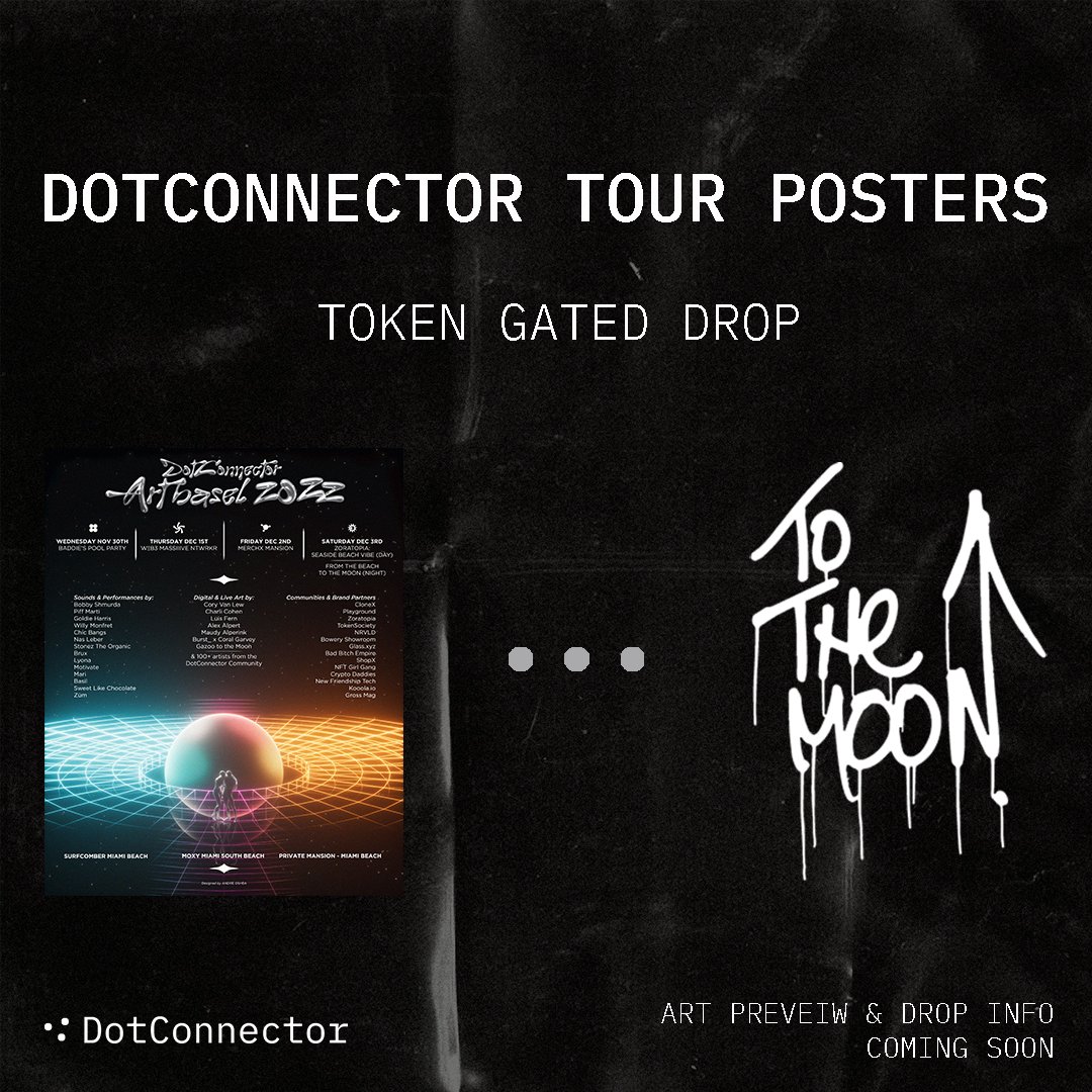 dotconnectorhq's tweet photo. Gm fam

Very happy to announce our partnership w/ @GazooToTheMoon  as the artist for our first *DotConnector Tour Posters* token gated drop ⬆️🌛 

Gazoo is a prolific street artist based in NYC whose tag you've probably seen on a sidewalk near you 🚀

Coming soon - More info 👇🧵 https://t.co/wwc5LzbMgO