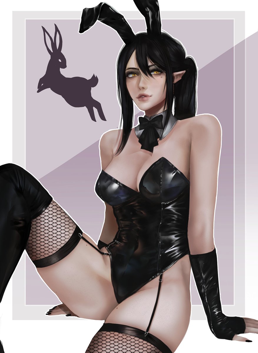 1girl animal ears bare shoulders black bow black gloves black hair black leotard  illustration images