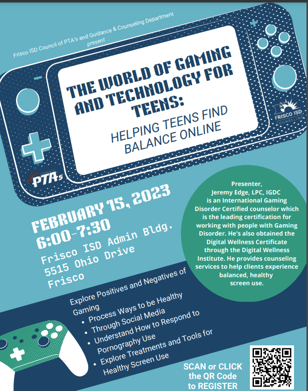 NorrisPTAFrisco's tweet photo. The Frisco ISD Council of PTAs and Frisco ISD Guidance and Counseling Department will be hosting on "The World of Gaming and Technology for Teens" with Jeremy Edge.  The program will be on Feb 15th at 6:00pm at the FISD Admin Building located at 5515 Ohio Drive, Frisco. https://t.co/PACBixBbFT