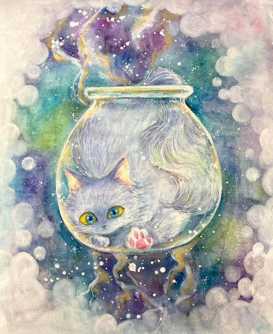 仕事場に来て最初に 昨日仕上げた絵に 星を増やす作業をば  ネームもだけど寝かせた後で こういうことあるよね  今日もよろしくお願いいたします\(^o^)/  #透明水彩 #猫 #猫は液体 #宇宙猫