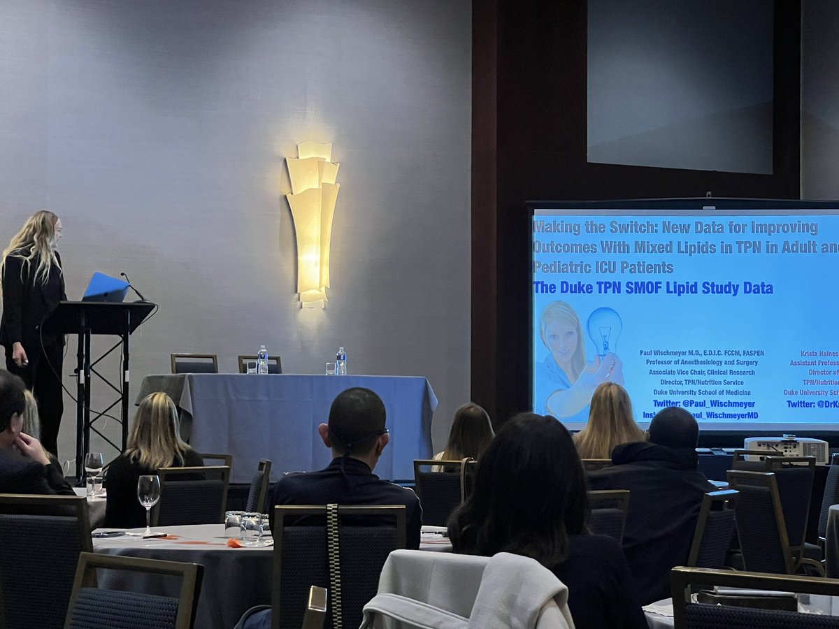 Duke Trauma (@duketrauma) on Twitter photo Congrats to <a href="/DrKristaHaines/">Dr Krista Haines</a> and <a href="/Paul_Wischmeyer/">Paul Wischmeyer MD</a> for a fantastic presentation #SCCM2023. “Making the Switch: New Data for Improving Outcomes with Mixed-Oil TPN Formulation in Critically Ill Adult and Pediatric ICU Patients” Congrats to <a href="/DrKristaHaines/">Dr Krista Haines</a> and <a href="/Paul_Wischmeyer/">Paul Wischmeyer MD</a> for a fantastic presentation #SCCM2023. “Making the Switch: New Data for Improving Outcomes with Mixed-Oil TPN Formulation in Critically Ill Adult and Pediatric ICU Patients”
