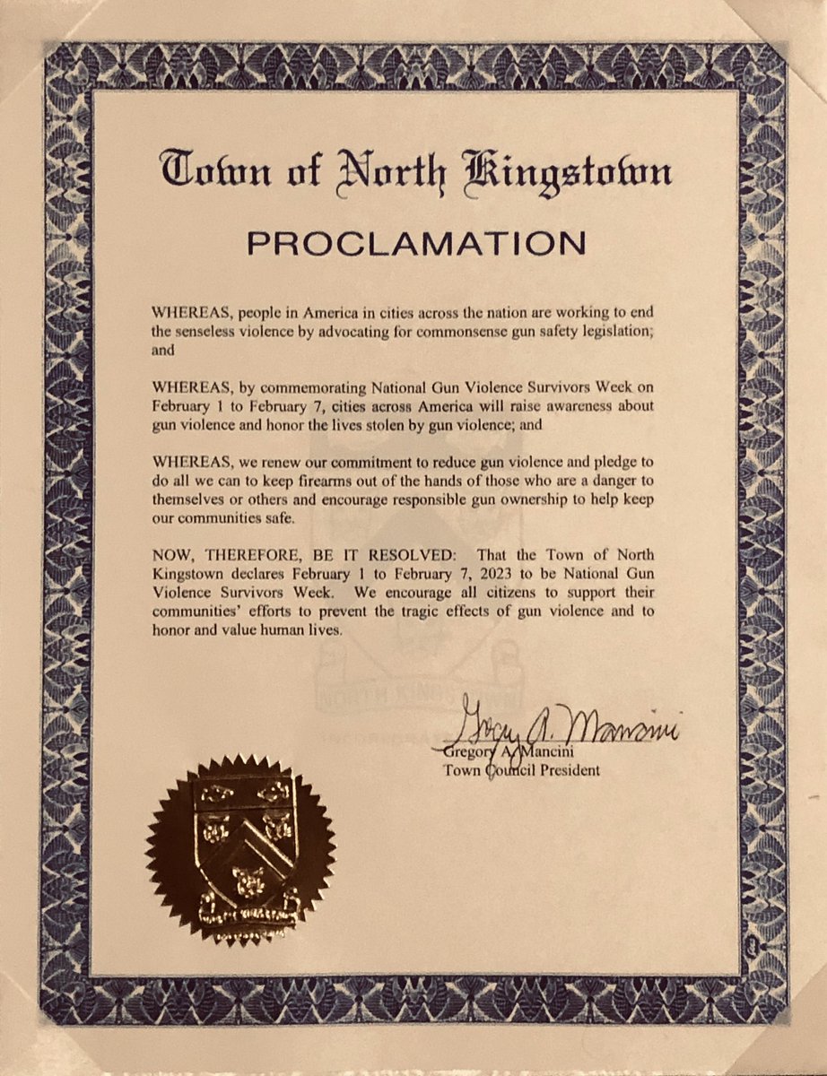 The @NorthKingstown Town Council has passed a Proclamation marking National Gun Violence Survivors Week from 1 - 7 February 2023. Thanks to the @MomsDemand volunteers who were on hand for the event. #EndGunViolence