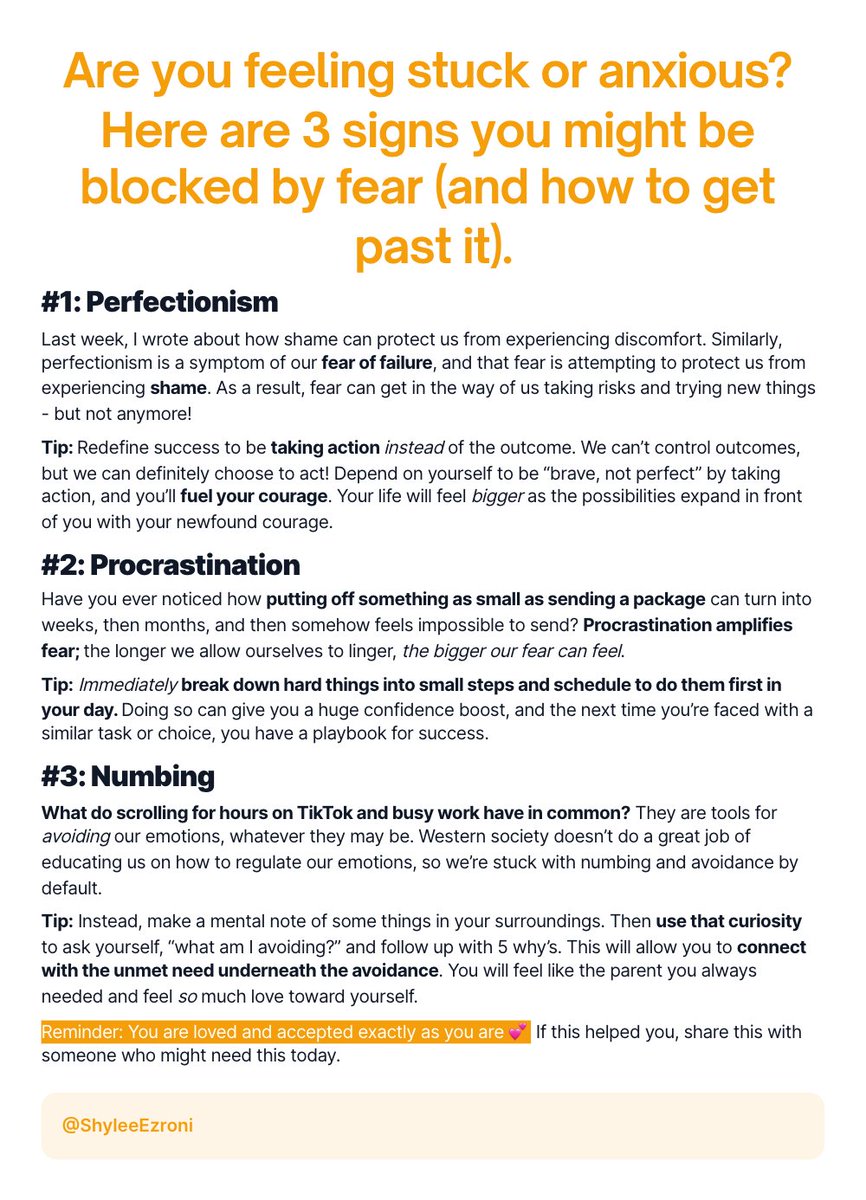 ShyleeEzroni's tweet photo. Are you feeling stuck or anxious? Here are 3 signs you might be blocked by fear (and how to get past it).

“If you take counsel of your fears, you’ll never take that step, take that leap.” @RyanHoliday

#courageiscalling #bravenotperfect #feeling is #healing https://t.co/KPs1lZ6bZ3