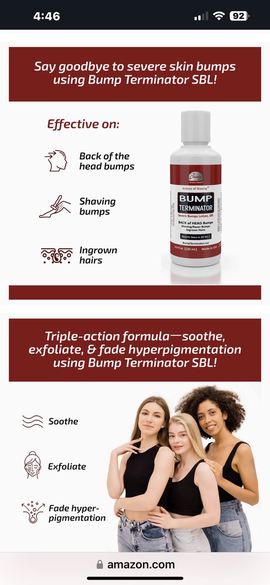 BumpTerminator's tweet photo. Frustrated with Ingrown Hairs, Shaving Bumps, Ineffective Products? Want Results in 24hrs? Get BUMP TERMINATOR Severe Bumps Lotion &amp; Dark Spot Corrector, Unisex Lotion #BackofHeadBumps #BikiniBumps #IngrownHairs #RazorBumps #RazorBumps #Bumps #ShavingBumps https://t.co/FFYp0hVCmJ https://t.co/lq0J1ZUAgx