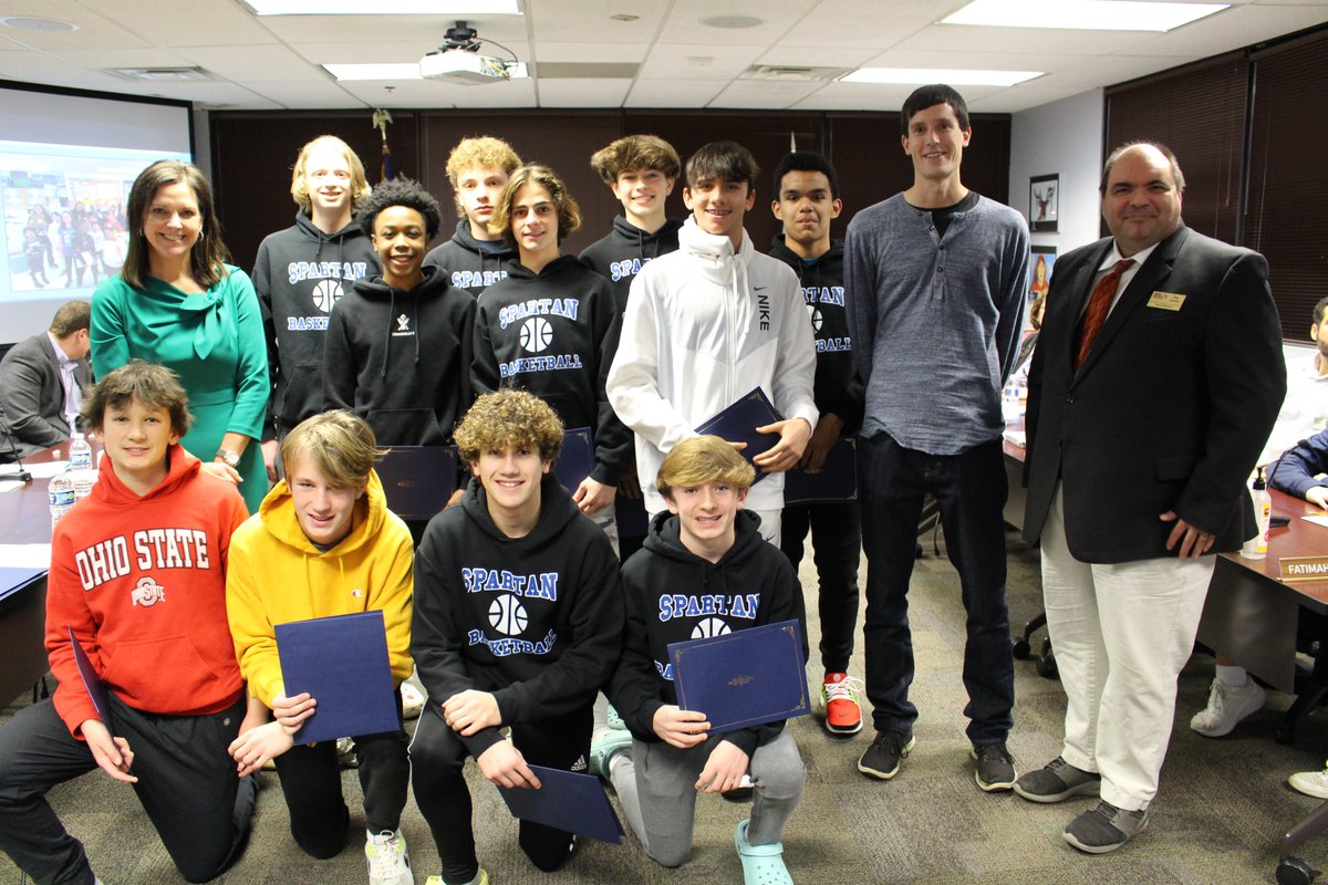 At tonight's meeting, the Board honored the <a href="/glencrestms/">Glen Crest MS</a> 8th-grade basketball conference champs! The Spartans finished the season 9-1, to tie Herrick for the conference title.
Read more about how the Spartans earned the ninth win in dramatic fashion: bit.ly/3WMmsgR