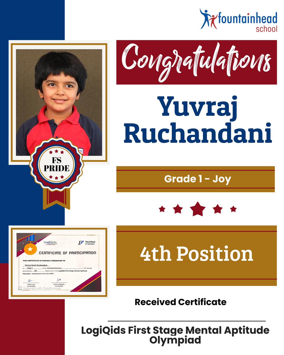 FSSurat's tweet photo. Yuvraj Ruchandani of Grade 1 Joy has secured 4th  position and received a certificate at the LogiQids First Stage Mental Aptitude Olympiad.
#FSHappenings #FSStudents #FSWay #FSpride #FSLife https://t.co/FolThXj53B