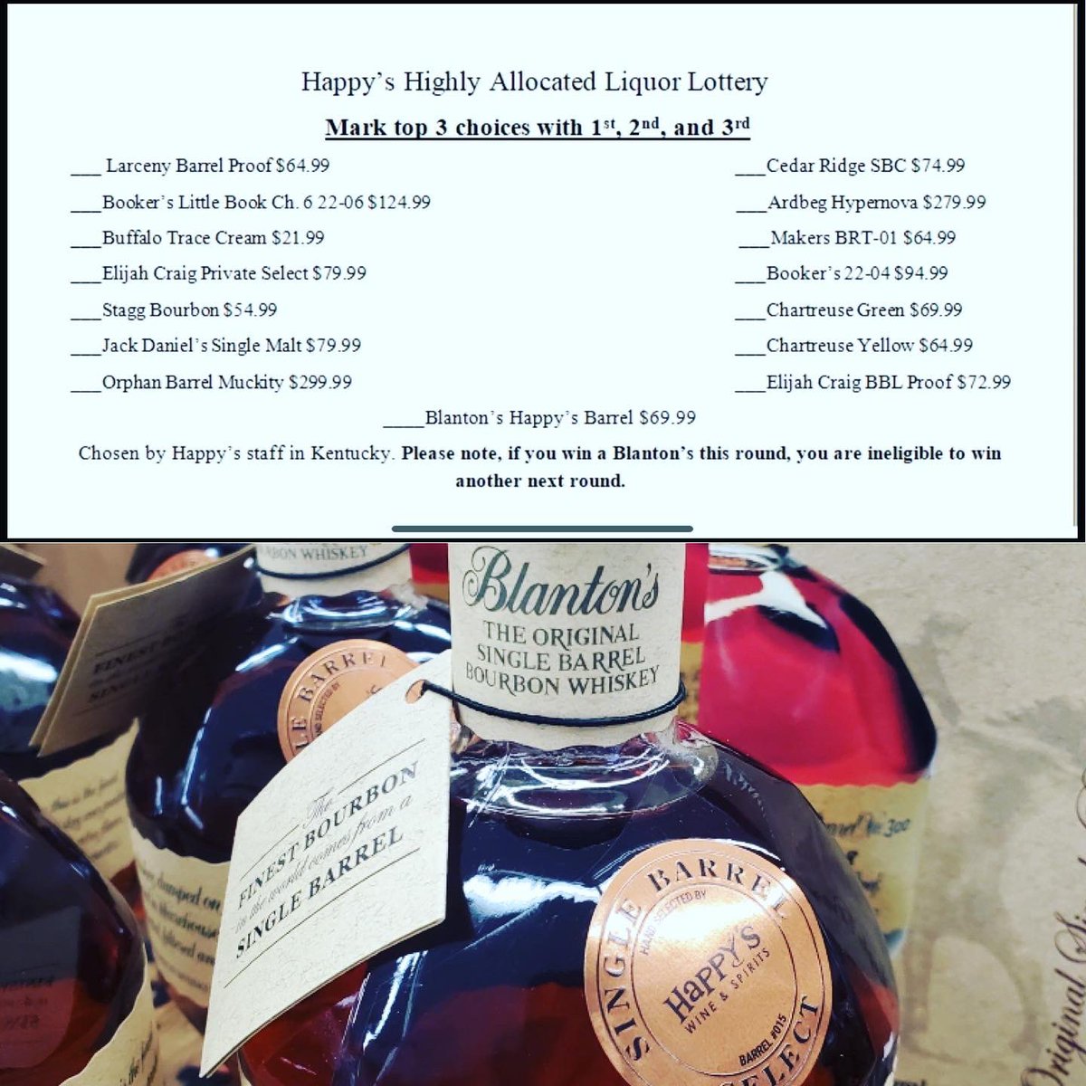 happycedarfalls's tweet photo. It’s time for a special edition Happy’s Blanton’s Barrel Pick + Highly Allocated Whiskey Lottery. Lots of @BlantonsBourbon to go around. Just stop by to get signed up. Swipe to see the rules. https://t.co/PoJG53m7sA