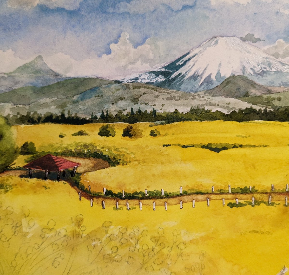 stakeyo1202's tweet photo. 今水彩絵の具で風景画を描いていますが、雲の影を考えるとき、小さく雲形に切った紙で影の位置をシュミレーションしてから描くと便利です☺️

いきなり濃い色を乗せるのは勇気がいるので…😌

#風景画 #水彩 https://t.co/KPaSPqwK85