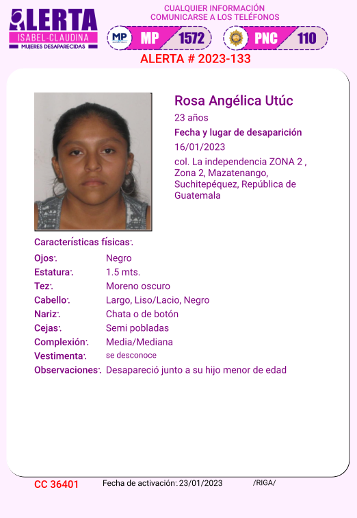 #AlertaIsabelClaudina
🚨 Ayúdenos a encontrar a

Rosa Angélica Utuc
Desapareció  el 21 de enero  de 2023
Cualquier información comunicarse al teléfono 📞 1572
Gracias por difundir esta información❗