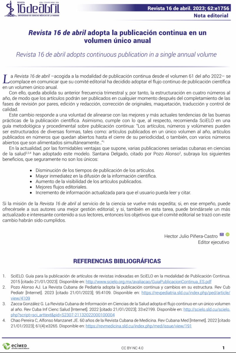 ‼️IMPORTANTE‼️

El COMITÉ EDITORIAL de nuestra Revista, decidió que la Revista 16 de abril adoptará el flujo continuo de publicación continua en un volumen único anual a partir del año en curso.

Para información más detallada visite el siguiente link 🔗

rev16deabril.sld.cu/index.php/16_0…