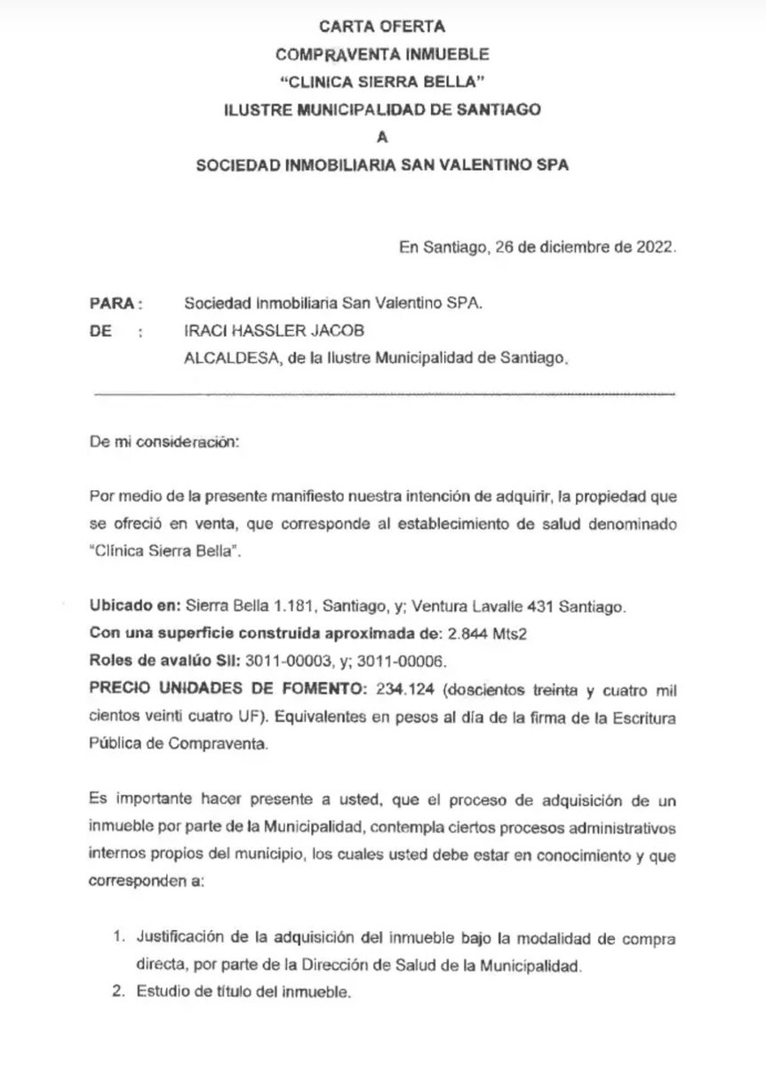 joseantoniokast's tweet photo. Esta es la carta donde la Alcaldesa Irací Hassler ofrece pagar 4 veces el valor comercial de un edificio. Crei que hay méritos suficientes para su destitución y se requiere una investigación y acciones concretas para recuperar los 6 mil millones de pesos perdidos https://t.co/QH8f1CBuuo