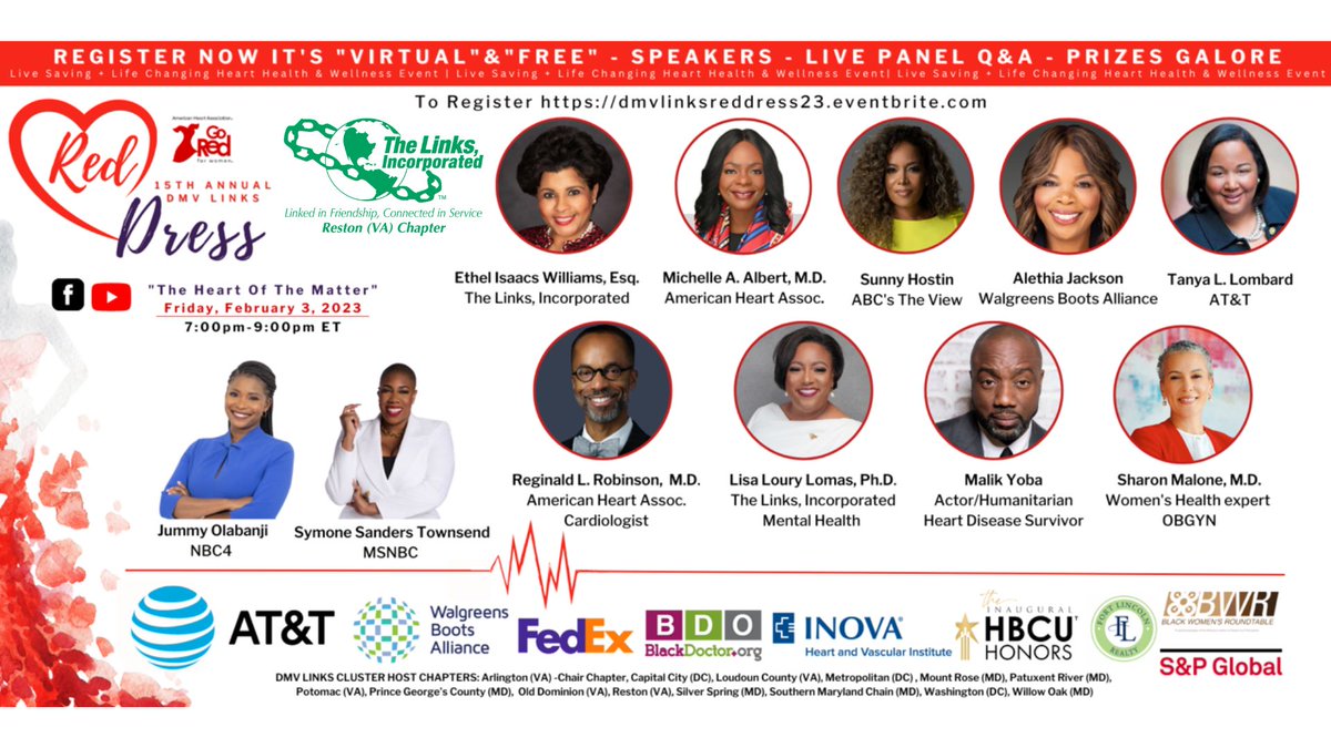Join the DMV Links for the 15th Annual Red Dress Event "The Heart of the Matter" on Friday, February 3, 2023 @ 7 pm - 9 pm. A Free virtual event on Facebook &amp; YouTube. Please register at 
dmvlinksreddress23.eventbrite.com
#RestonLinks
#restonlinksgored 
#restonlinkshhs
#HeartLinks