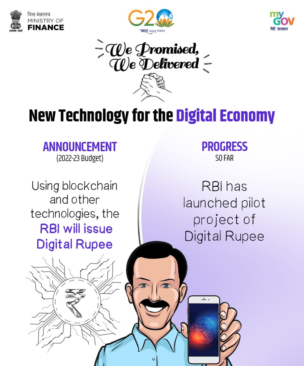 With the vision of leveraging technology for safer and faster financial transactions, RBI has launched #DigitalRupee
#DigitalIndia 
#Budget2023 #PromisesDelivered
@FinMinIndia @nsitharamanoffc @nsitharaman