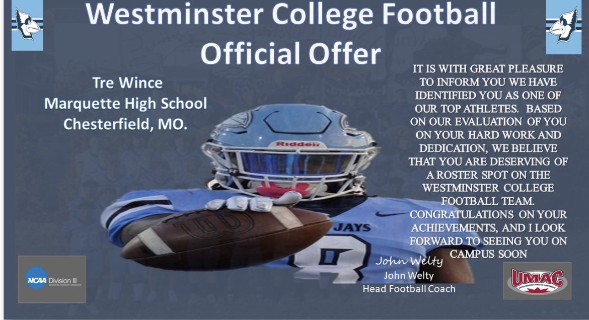 I want to thank Westminster Football for a great visit and for the Official Offer   @CoachBreck72 @ekern2 <a href="/AllenDiesalmanj/">Jameson Allen</a> <a href="/MarquetteFootbl/">Marquette Football</a> <a href="/JPRockMO/">JP Rock</a> <a href="/jcurtisdefense/">Coach Jason Curtis</a> <a href="/GSV_STL/">Gateway Sports Venue</a> <a href="/STLhssports/">STLhighschoolsports</a> <a href="/stlhssporttalk/">Mike</a> <a href="/MOprepredzone/">Prep Redzone MO</a>