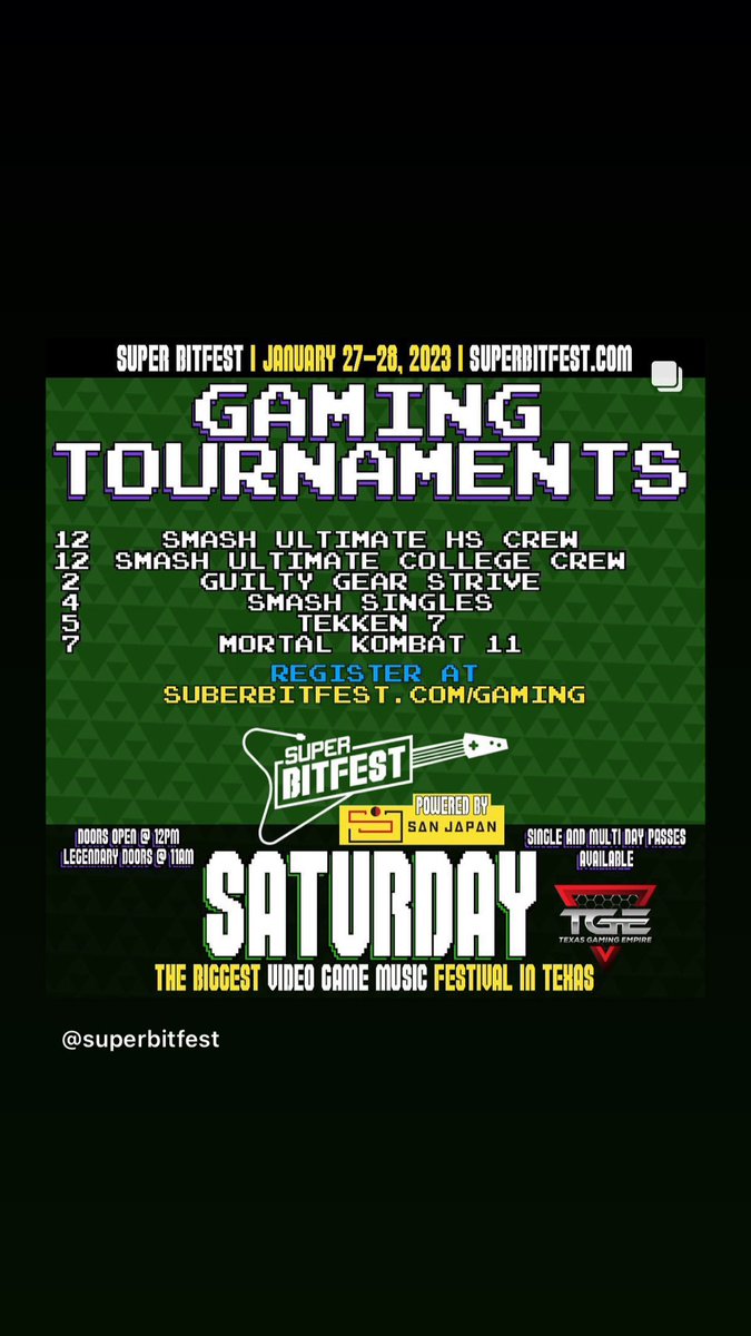 ⚔️Gaming Tournaments⚔️ 
This year we’ve teamed up with <a href="/TXGamingEmpire/">Texas Gaming Empire</a> to bring you an awesome tournament lineup! We can’t wait to see the FGC come together and throw down at this years Super Bitfest! #fgc #vgm #sbf #superbitfest #smash #brawl #ultimate #sv5 #TEKKEN7