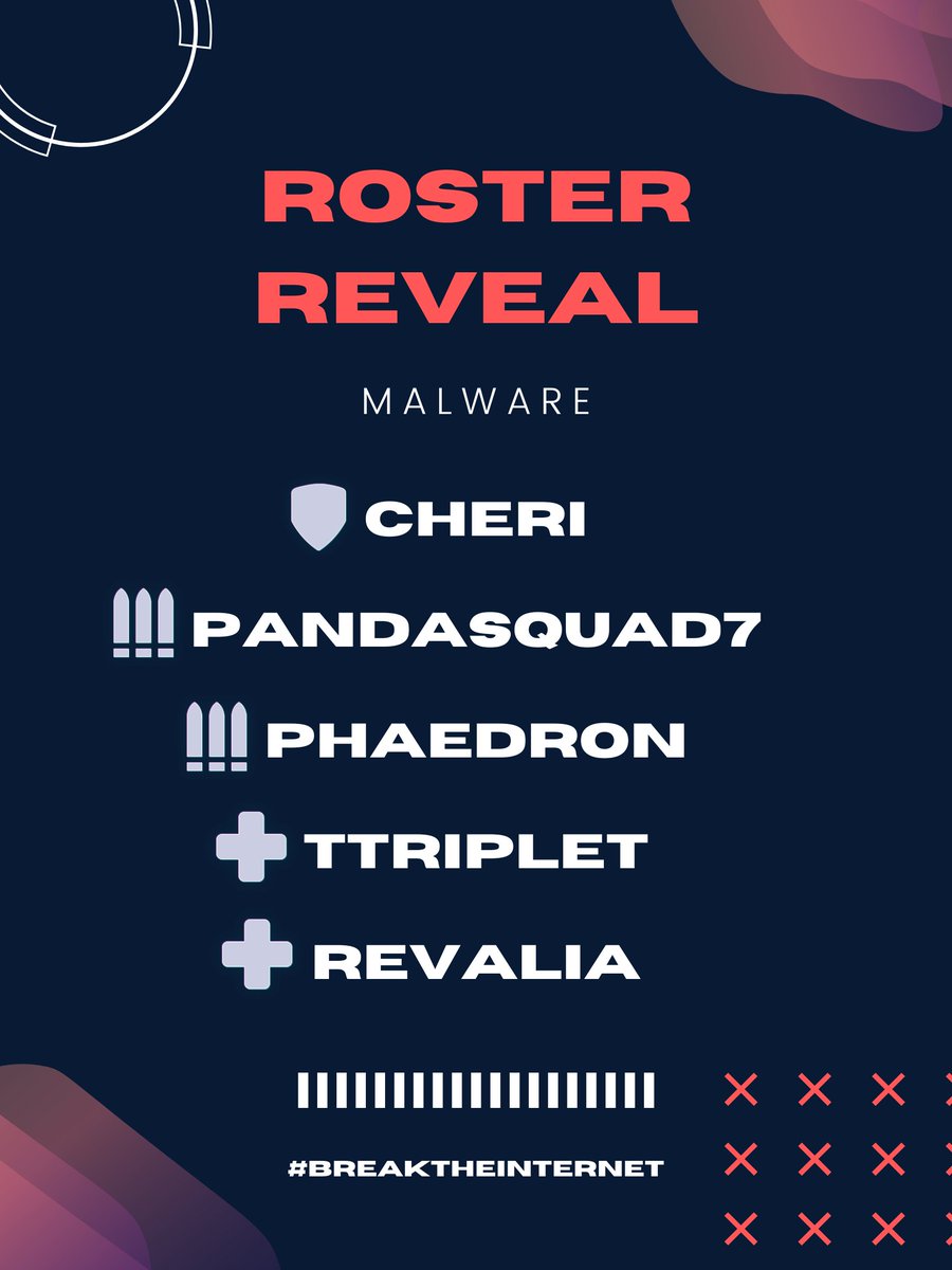 MalwareOW's tweet image. One more post for the night, we've had a starting 5 for a while but here is our official roster reveal! Please welcome our starting roster:

@cheri_ow 
@pandasquad7_ow 
@Phaedron7 
@ttripletow 
@Revalia_OW 

Keep an eye on us, we got some hacking to do🕵️
#breaktheinternet