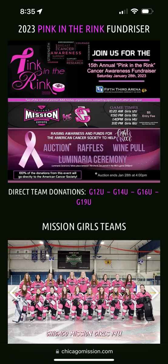 Proud of my daughter Caroline and her <a href="/chicagomission/">Chicago Mission AAA</a> girl's hockey team, as they play in support of <a href="/AmericanCancer/">American Cancer Society</a> on 1/28 (Pink in the Rink). 
We invite you to join us in supporting these amazing, young ladies as they raise donations via this link tinyurl.com/ACS-U14-Mission
