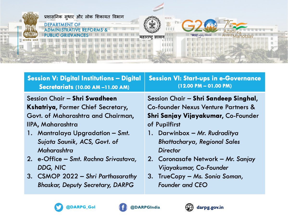DARPG_GoI's tweet photo. Day 2 (Session V &amp; VI) of Regional Conference on “e-Governance” in Mumbai, Maharashtra 24-01-2023 Schedule
#eGovernance #GoodGovernance
@PMOIndia @DrJitendraSingh @mieknathshinde @Dev_Fadnavis @PIB_India https://t.co/b9f6zHf0Qw