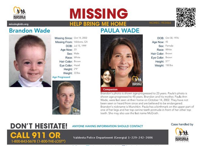 #PaulaWade #BrandonWade #FindPaulaAndBrandonWade 
#Valdosta #Georgia #MissingPosterMonday