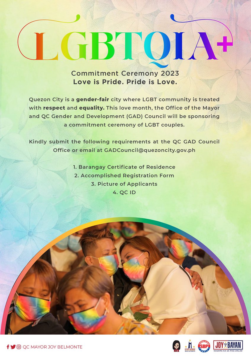 Love has no limits. Love is universal. Love wins, always. ❤️🌈

Sa ikalawang pagkakataon, mag-o-organisa ang lokal na pamahalaan ng QC, sa pangunguna ni Mayor Joy, ng isang commitment ceremony para sa ating mga kapatid na kabilang sa LGBTQIA+ sa darating sa February 2023.