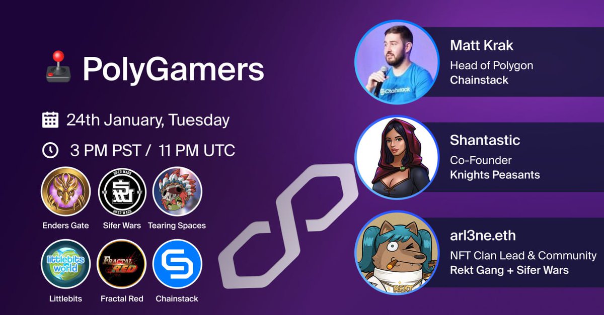 Degen_Shan's tweet photo. 🎮PolyGamers - Shaping The Game🎮

Topic: 
PFP vs GameFi cultures

Wen:
24 January, 11pm UTC

Hosts:
@unkrakable 
@LensInkMouse
@Degen_Shan 

Guests:
@EndersGate 
@SiferWars
@Tearing_Spaces 
@LittlebitsNFT
@FractalRED 
@ChainstackHQ 

Set reminders here!
https://t.co/vO8kD11Aqc https://t.co/TNHrsCS7QC