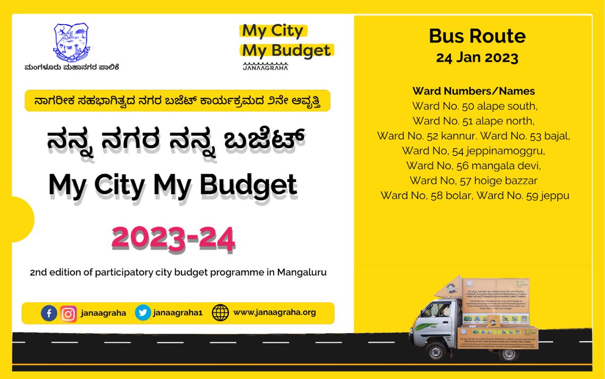 Janaagraha1's tweet photo. Citizens of #Mangaluru, become a part of the #MyCityMyBudget Campaign
If you spot the #BudgetBus, please submit your inputs on how you wish your city budget needs to be spent!
You can also submit your #budget inputs online.
Visit: https://t.co/qoh0lPuBtg https://t.co/28lVi2tOYC