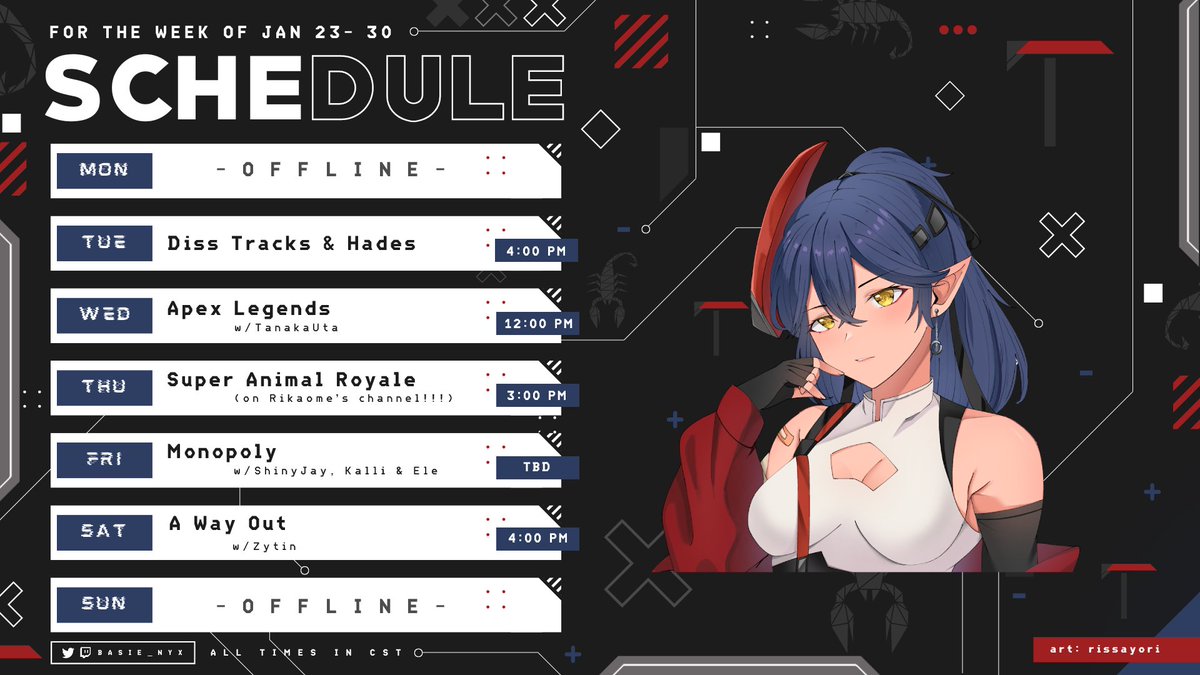 BasieNyx's tweet photo. [ schedule (1/23 - 1/29) ]
excited to top frag and use my one braincell in monopoly frfr!! 

🎨: #bARTsie

https://t.co/XQ1ikFL32n https://t.co/WCANtbYpjj