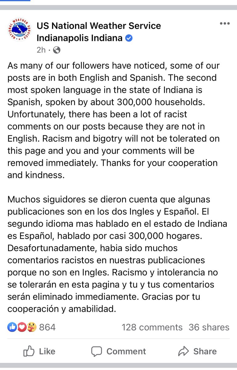 Spent much of my shift tonight translating winter weather graphics into Spanish. Well the racist comments and bigotry got so bad I had to make this PSA about how we won’t tolerate any of that on our page. Just sad. So much hate 😡 #nws #peoplesuck #inwx