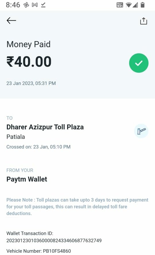 ErKapilArora's tweet photo. @nitin_gadkari @MORTHIndia @NHAI_Official
#COMPLAINT
23-1-23,Vehicle Car PB10FS4860 crossed Dharer Azizpur Toll Plaza,Patiala(PB)at3:35PM &amp; Rs40 deducted fromFastag but Toll plaza #fraudulently again deducted 40/-for passing at 5:10PM but I didn't pass toll plaza.Plz take action. https://t.co/oEcEFOBcC2
