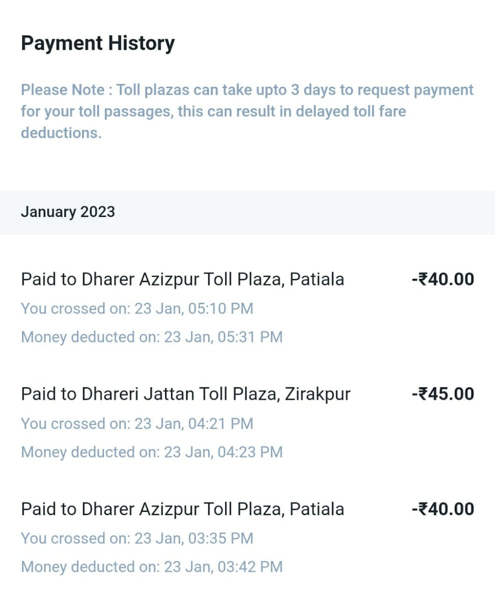 ErKapilArora's tweet photo. @nitin_gadkari @MORTHIndia @NHAI_Official
#COMPLAINT
23-1-23,Vehicle Car PB10FS4860 crossed Dharer Azizpur Toll Plaza,Patiala(PB)at3:35PM &amp; Rs40 deducted fromFastag but Toll plaza #fraudulently again deducted 40/-for passing at 5:10PM but I didn't pass toll plaza.Plz take action. https://t.co/oEcEFOBcC2