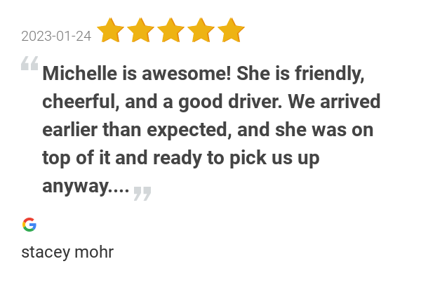 executivecarlax's tweet photo. New 5.0-star Review: "Michelle is awesome! She is friendly, cheerful, and a good driver. We arrived earlier than... https://t.co/HnTp7gMMmH