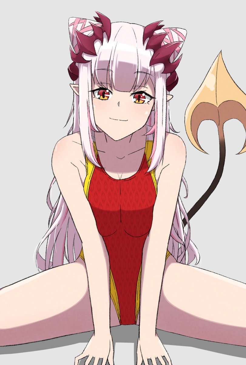 1girl bangs breasts collarbone competition swimsuit cone hair bun demon girl  illustration images