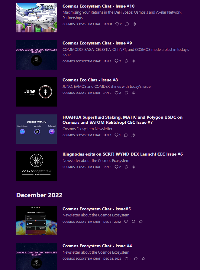 CosmoKramer95's tweet image. Tired of keeping up to date with the latest news about #Cosmos and all of its chains and ecosystem?

We got you all covered!
cosmosecosystemchat.substack.com
Check out our newsletter and consider subscribing!

We post frequently about all things happening in the #Cosmos! 

See below 👇👇