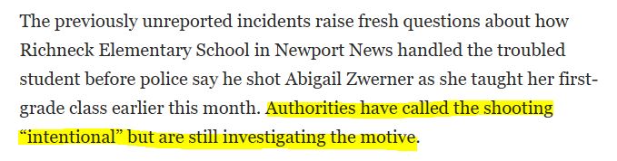 Never ceases to amaze me how the US is transfixed by 'a motive' in every shooting. Even the highly respected <a href="/washingtonpost/">The Washington Post</a> couldn't help include this line in a story about .... a 6 year old. A SIX year old.