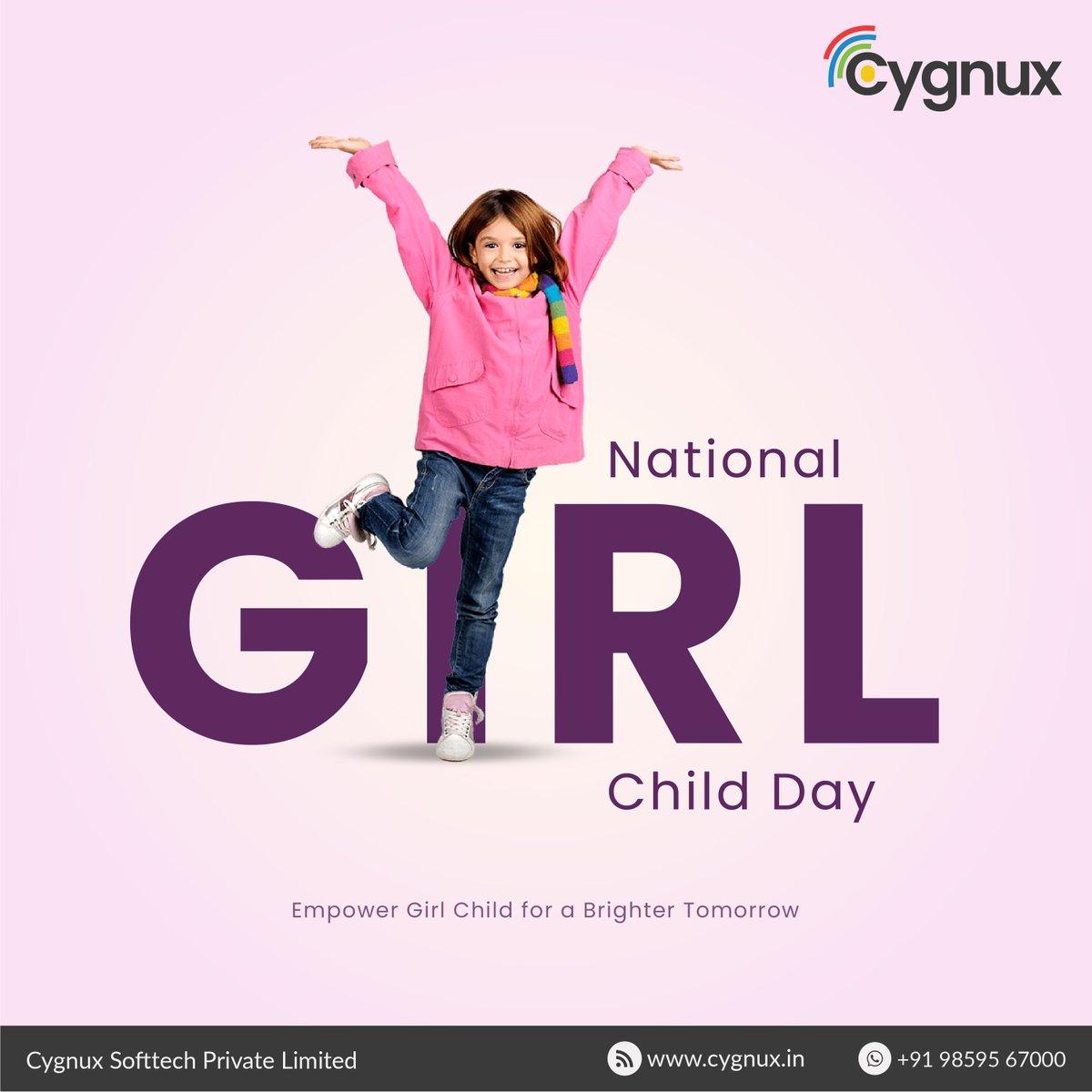 On this National Girl Child Day, let us come together to pledge our commitment to the safety and development of the girl child.

#nationalgirlchildday #girlchildday2023 #girlsafety #betibachaobetipadhao #girlsday #india #itculture #itandsoftware #girleducation #cygnuxsofttech