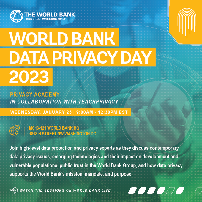 Mark your calendar for #WorldBankDataPrivacyDay2023! The annual flagship event to discuss the world’s most pressing data protection and privacy issues will return to our HQ in Washington, DC, on January 25. wrld.bg/FHWt50MwApw