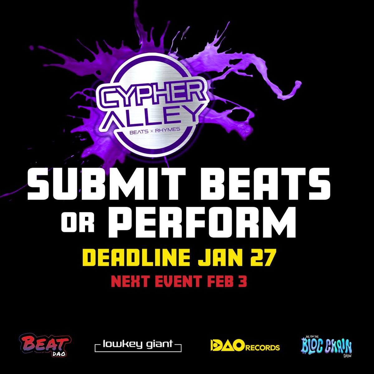 vandigital's tweet image. I'll be co-hosting Cypher Alley this 3rd Feb &amp;amp; we've got a few more days left for #producers to get their beats in for the #emcees to rock!

Head to 👉 lowkeygiant.com/cypher-alley to submit &amp;amp; get your tickets!

Presented by @lowkeygiant1 @beatdaonear @OnTheBlocChain @DAOrecords_
