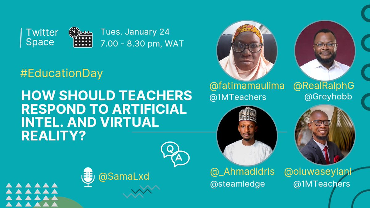 today is  #educationday🙌🏾

these are exciting times.  #AI and #VR present opportunities &amp; threats to today's #teachers

 join our twitter space🎙we'll discuss what is happening, why it matters, and how  to respond

today 7 pm. set a ⌛ to join: x.com/i/spaces/1Yqxo…