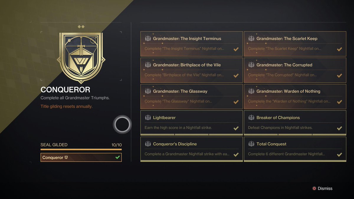 Vexploiter's tweet image. Week 1 and it&apos;s done. #Destiny2 #Conqueror #Grandmasters #Gilded #PS5