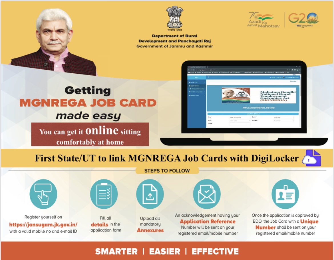 jkrddpr's tweet photo. J&amp;K becomes the first UT to integrate Mahatma Gandhi #NREGA #JobCard with #DigiLocker making a mark towards #DigitalEmpowerment
@PMOIndia @OfficeOfLGJandK  @ArunKumarMehta @mandeep082 @mopr_goi @MoRD_GoI @_DigitalIndia @digilocker_ind @diprjk 
@DivisionalComm1
@Divcomjammu https://t.co/h5Fh7p494D