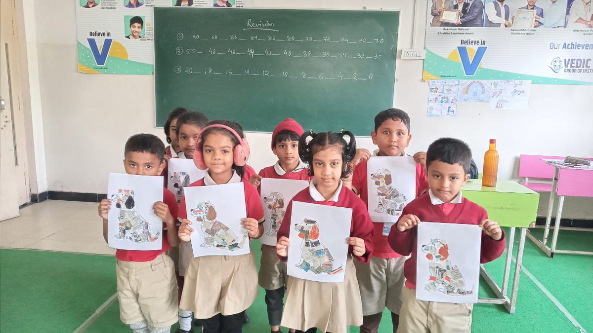 vedic_group's tweet image. Our UKG students took part in a collage activity where they made cute cartoons from newspaper pastings and also, made lovely cherishable memories of their school life together.

#VedicGroupofInstitutions #CreativityforKids #CollageActivity