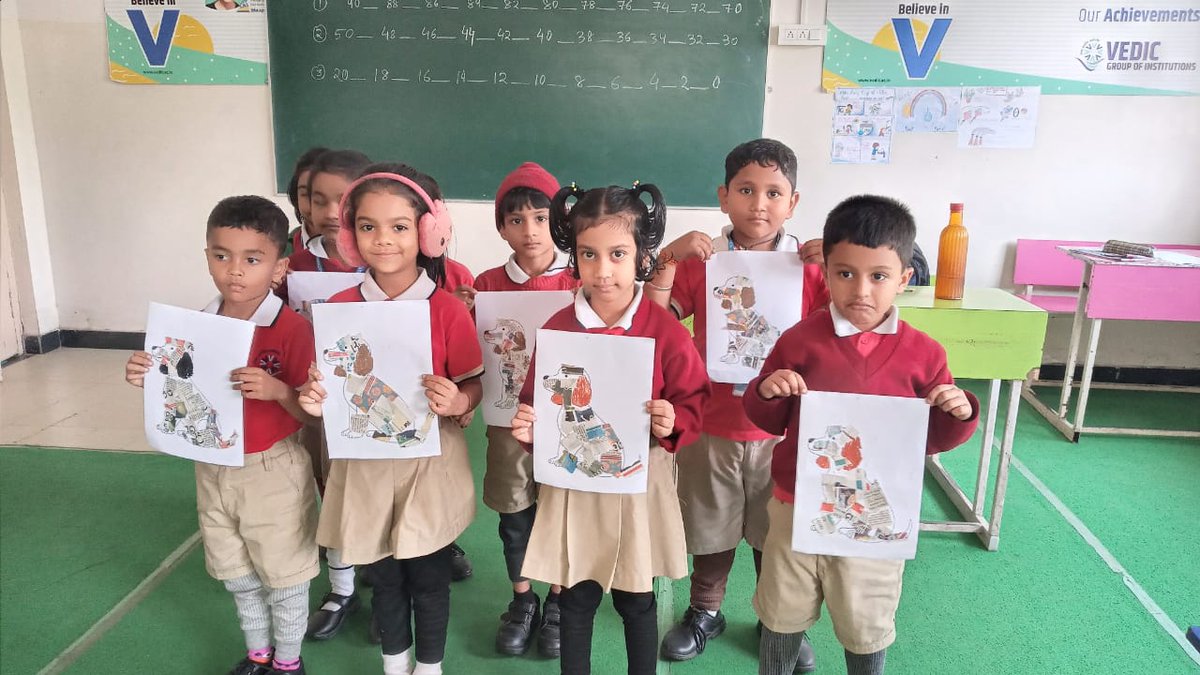 vedic_group's tweet image. Our UKG students took part in a collage activity where they made cute cartoons from newspaper pastings and also, made lovely cherishable memories of their school life together.

#VedicGroupofInstitutions #CreativityforKids #CollageActivity