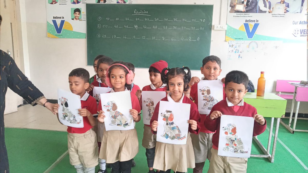 vedic_group's tweet image. Our UKG students took part in a collage activity where they made cute cartoons from newspaper pastings and also, made lovely cherishable memories of their school life together.

#VedicGroupofInstitutions #CreativityforKids #CollageActivity