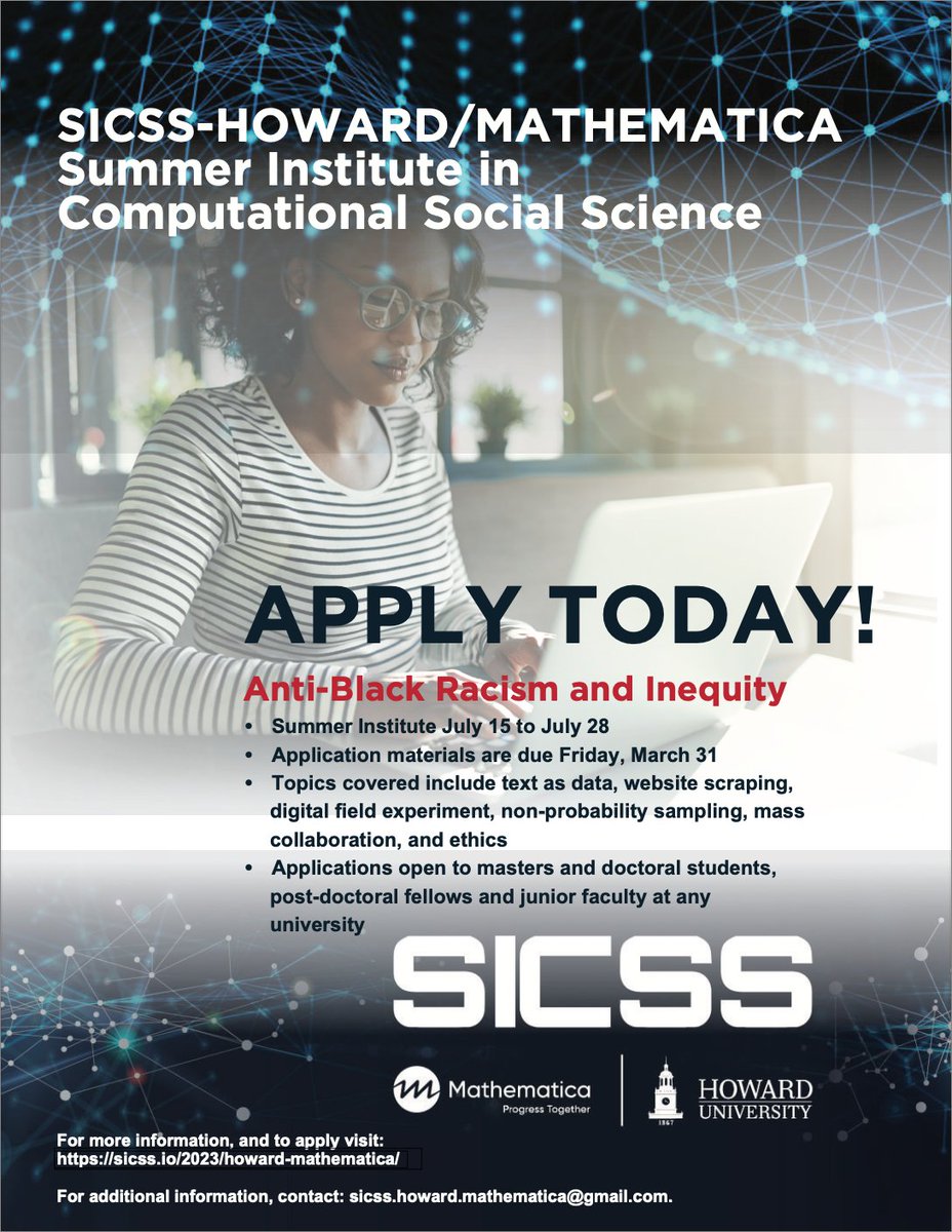 SICSS-Howard/Mathematica (@sicss_howard) on Twitter photo Do you have a drive to use social science, computer science, data analytics, and evidence to improve public well-being within underrepresented communities? Apply now for <a href="/sicss_howard/">SICSS-Howard/Mathematica</a> 2023 at sicss.io/2023/howard-ma… #SICSS <a href="/HowardU/">Howard University</a> <a href="/MathematicaNow/">Mathematica</a> Do you have a drive to use social science, computer science, data analytics, and evidence to improve public well-being within underrepresented communities? Apply now for <a href="/sicss_howard/">SICSS-Howard/Mathematica</a> 2023 at sicss.io/2023/howard-ma… #SICSS <a href="/HowardU/">Howard University</a> <a href="/MathematicaNow/">Mathematica</a>