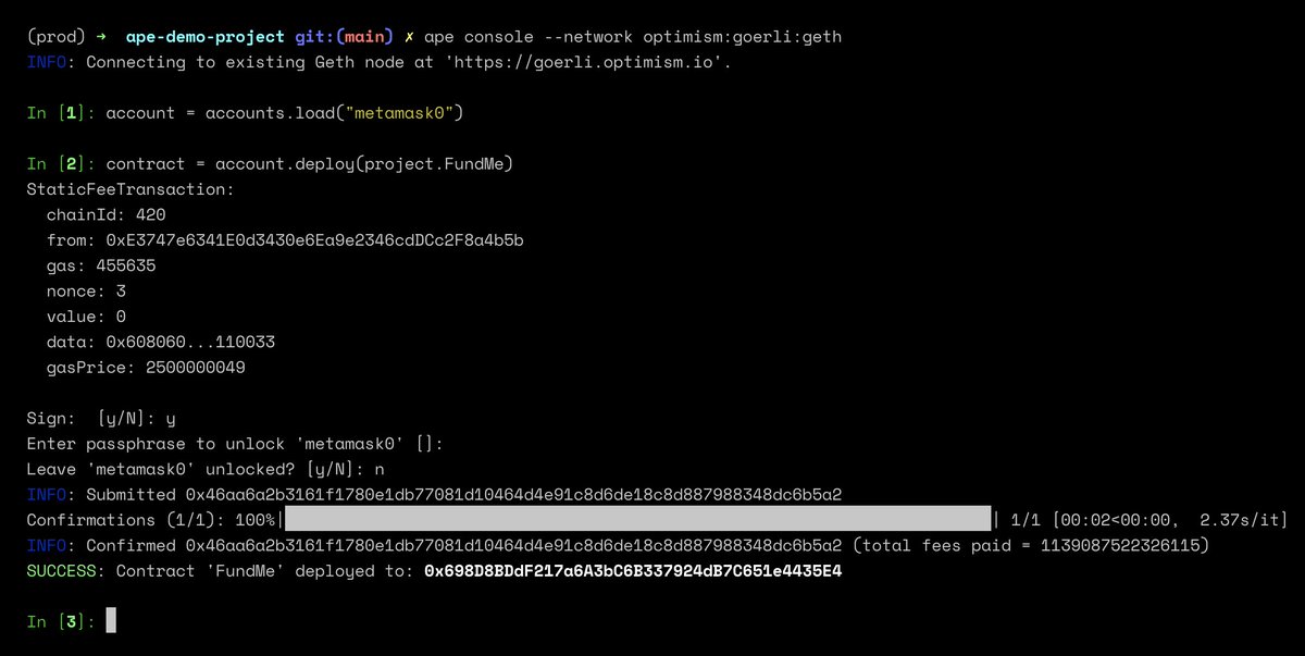 antazoey's tweet image. On the topic of L2s, I just deployed to Goerli using the #OptimismProtocol and #ApeFramework via ape-optimism 0.5.2 that was released a minute ago!