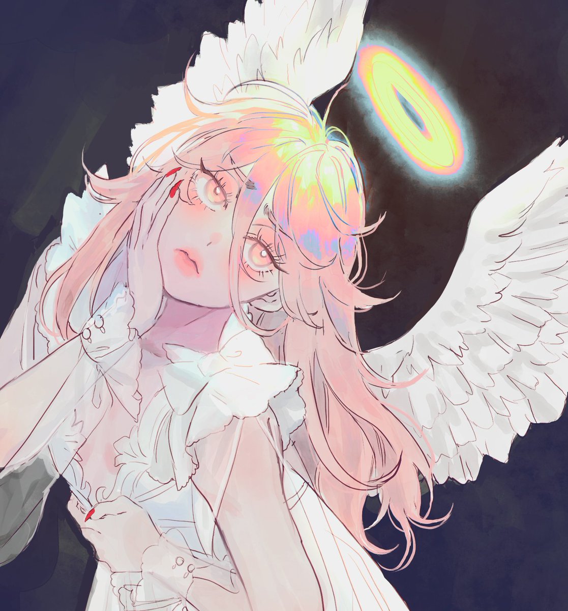1girl angel angel wings black background dress feathered wings hair between eyes  illustration images